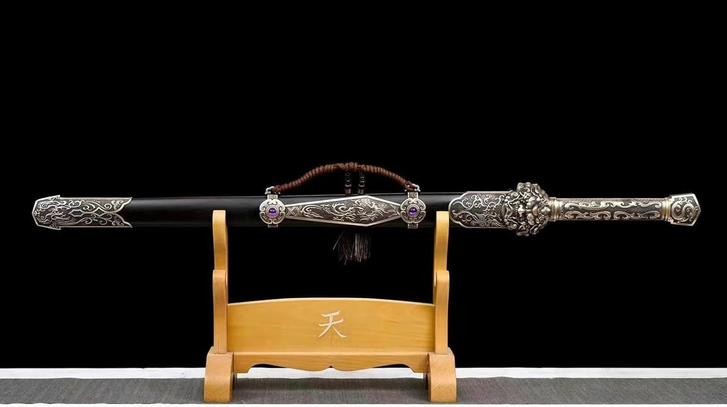 Chinese Spring & Autumn Sword - Folded Damascus Steel with Brass Fittings