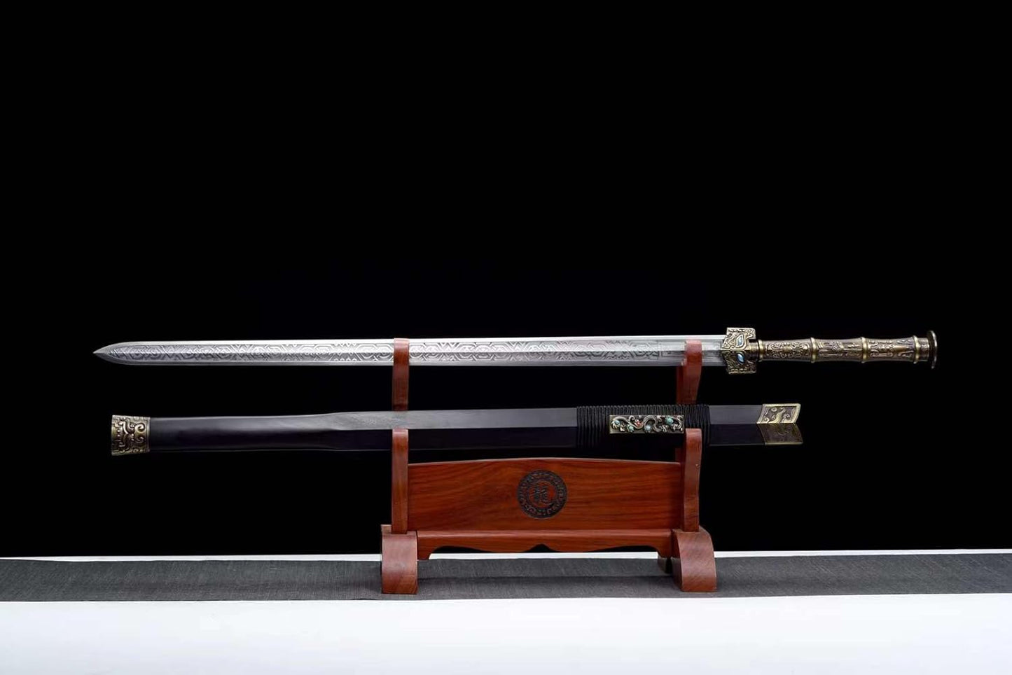 Han Jian, Carbon Steel Forged Blade, Traditional Handmade Sword with Black Wood Scabbard, Zinc Alloy Handle