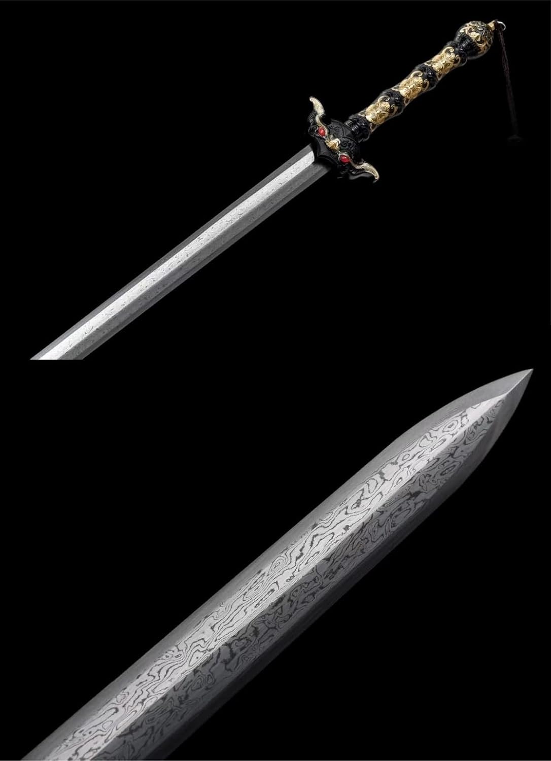 Hand-Forged Chinese Yitian Jian Sword Damascus Steel Blade, Blackwood Scabbard