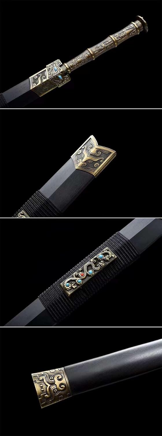 Han Jian, Carbon Steel Forged Blade, Traditional Handmade Sword with Black Wood Scabbard, Zinc Alloy Handle