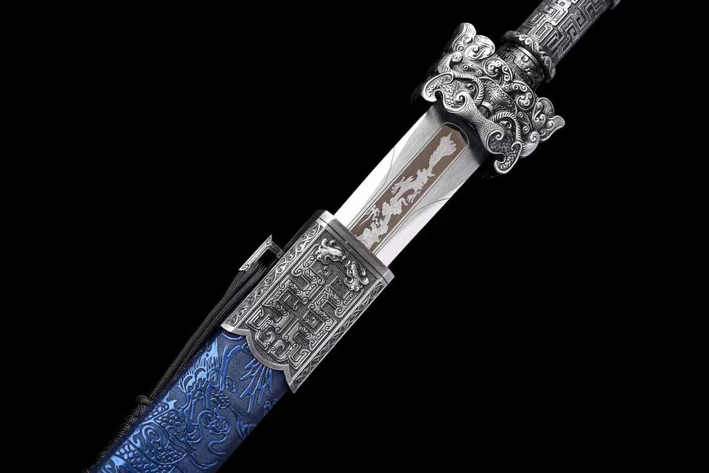 Hand-Forged Square Han Jian – High carbon Steel with Blue Faux Leather Scabbard