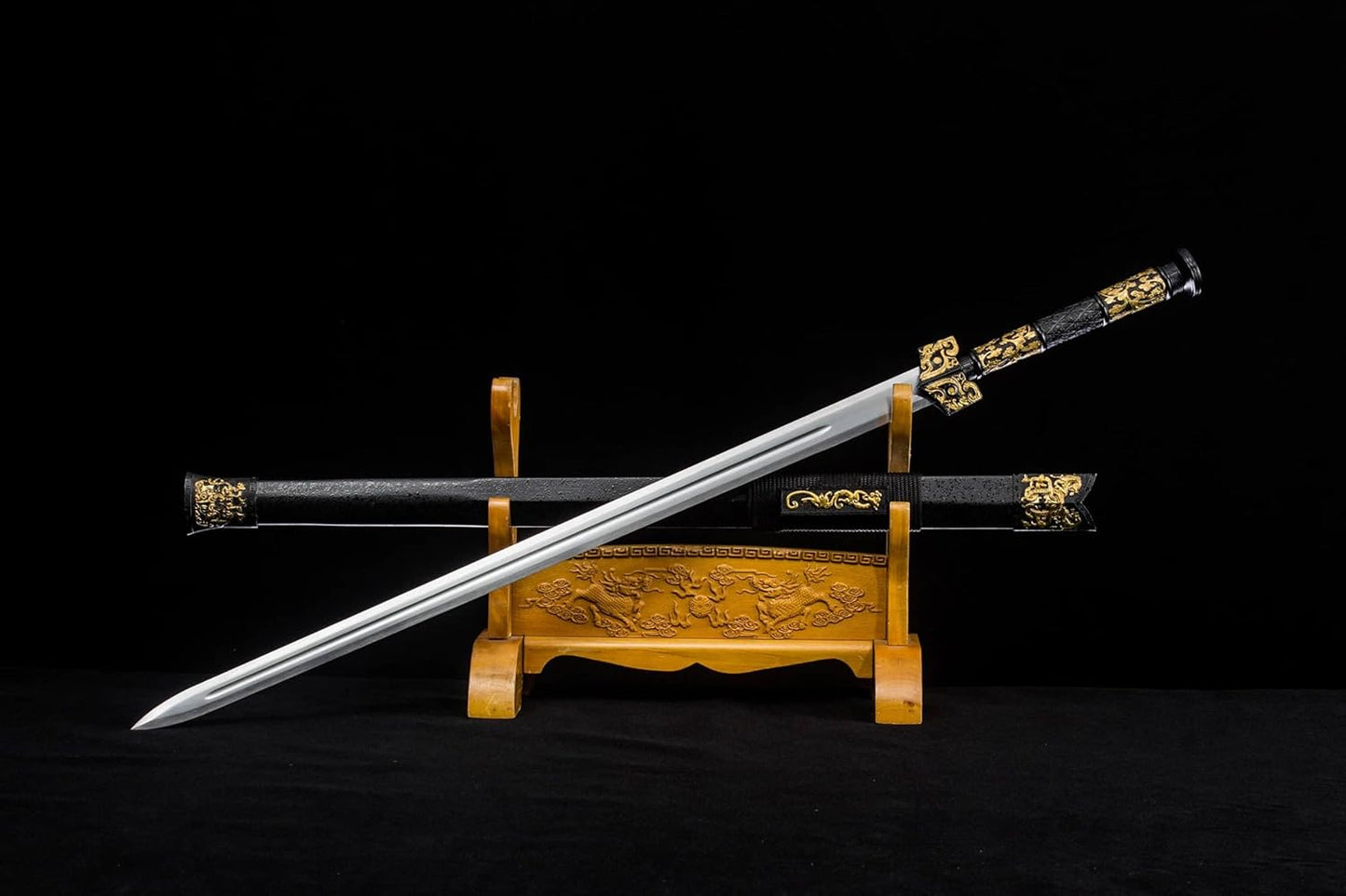 Han Jian Sword | 40.5" Hand-Forged Carbon Steel Blade | Zinc Alloy Handle & Black Wood Scabbard