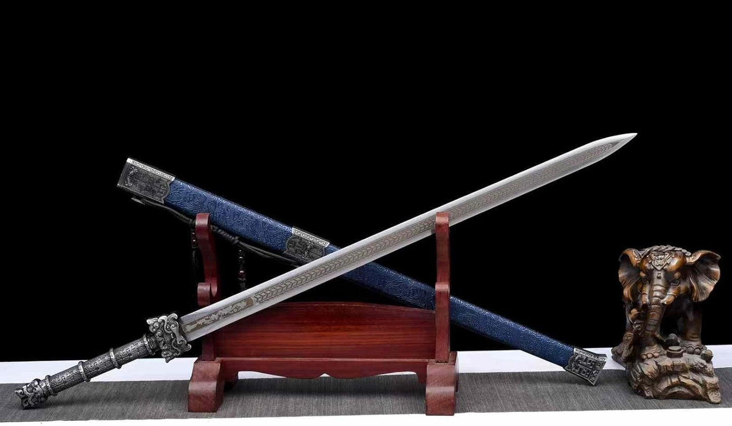 Hand-Forged Square Han Jian – High carbon Steel with Blue Faux Leather Scabbard