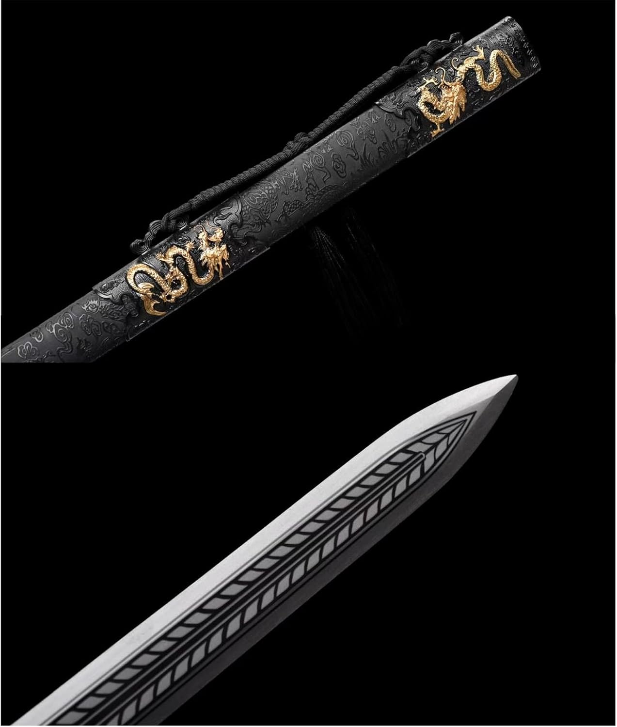 Dragon King Sword,Forged High Manganese Steel Blade,Double-Edged with Etched Dragon Patterns,Faux-Leather Scabbard