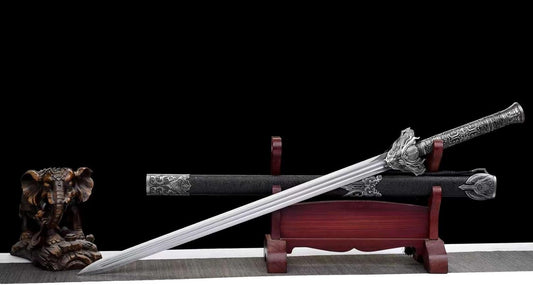 Dragon Battle Sword - Forged High Carbon Steel Blade, Dual Grooves, Alloy Dragon Fittings