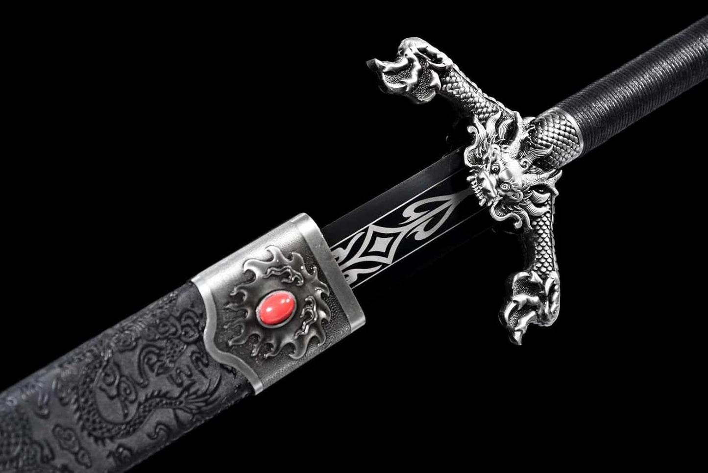 Flying Dragon War Sword | High Carbon Steel | Black Scabbard with Flying Dragon Motif