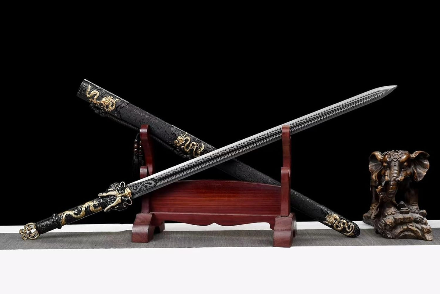 Dragon King Sword,Forged High Manganese Steel Blade,Double-Edged with Etched Dragon Patterns,Faux-Leather Scabbard