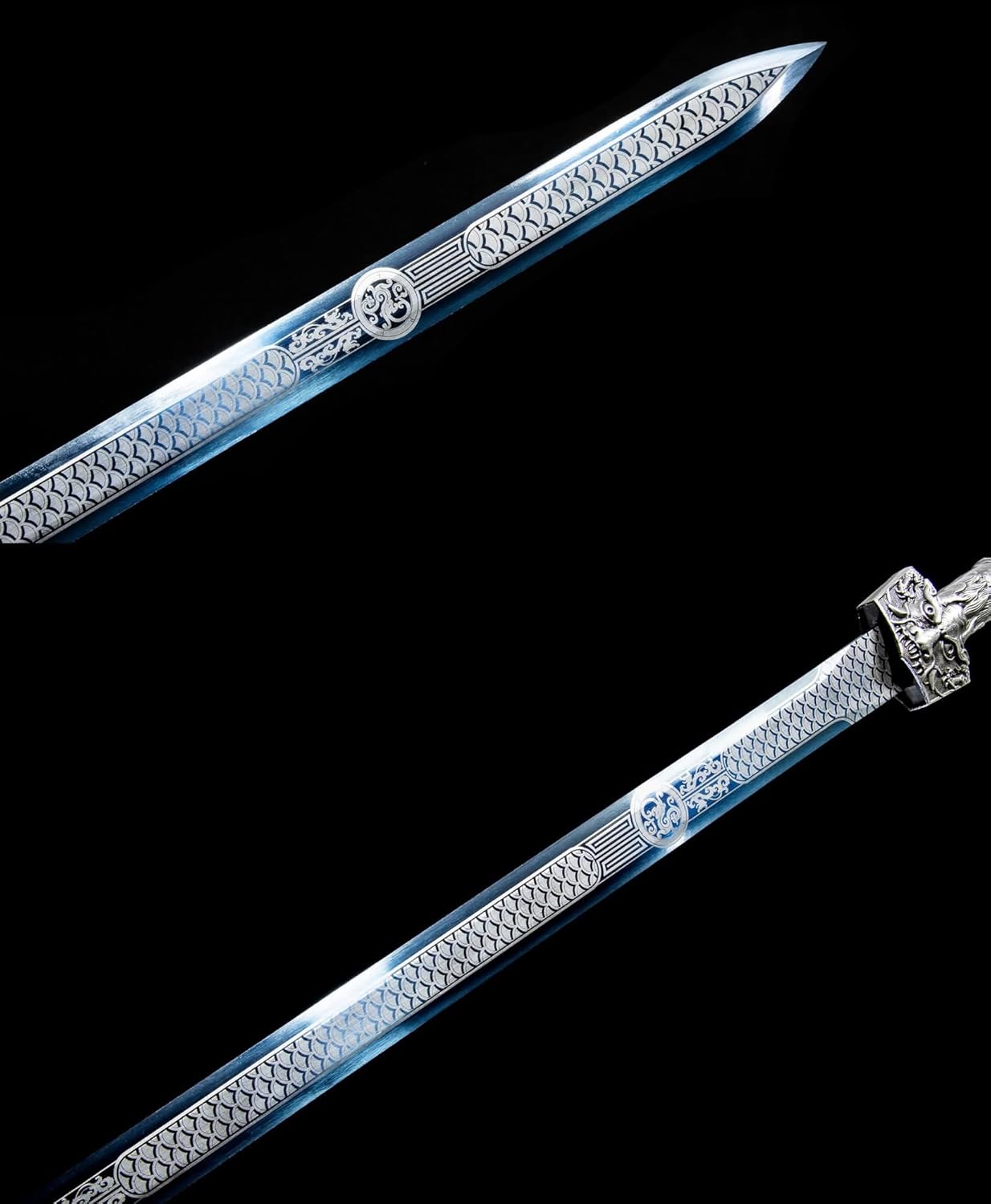 Forged Han Jian Sword–Blue-Etched High carbon Steel Blade,Wooden Scabbard with PVC Leather,