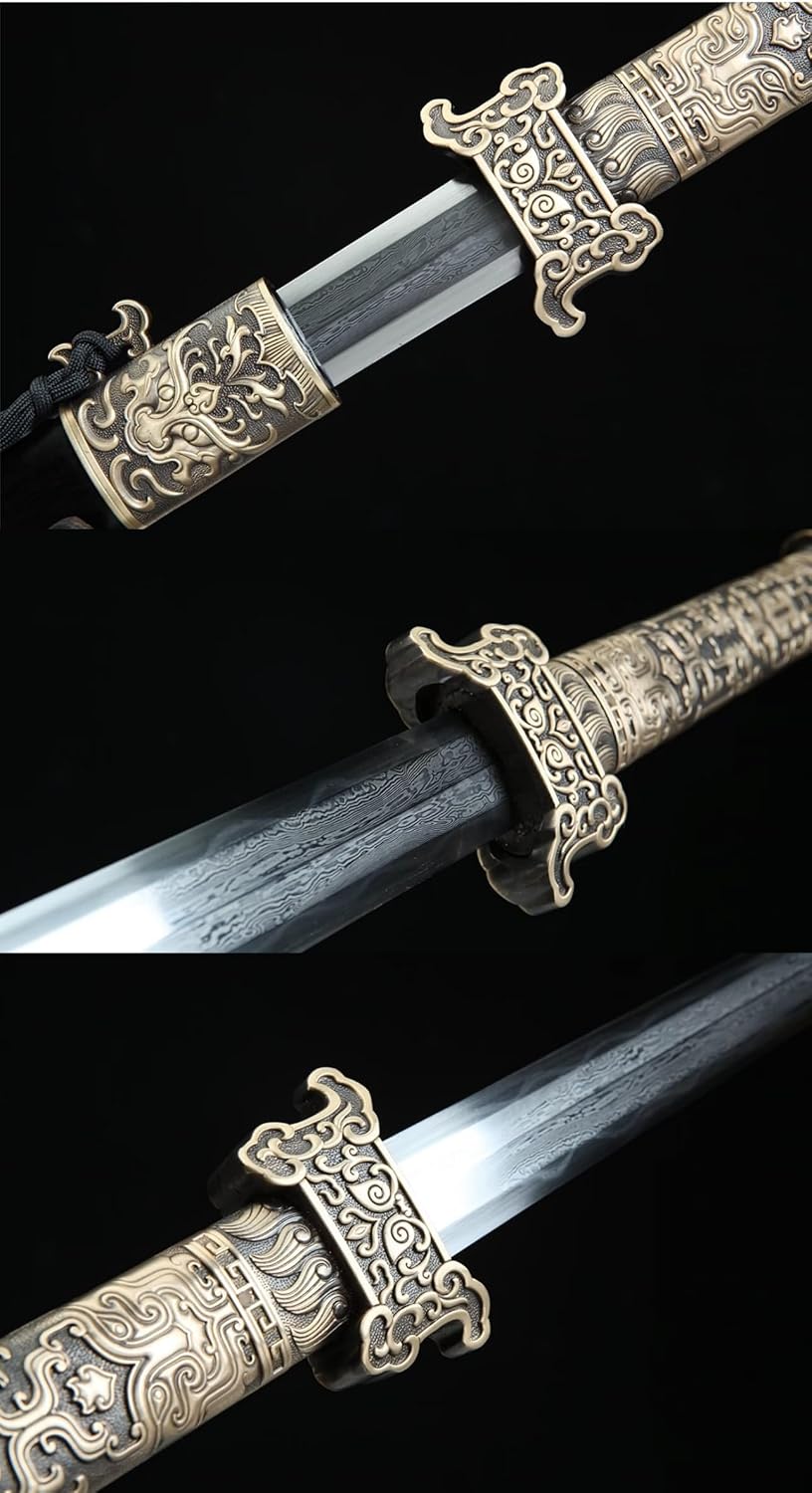 Tang Jian Sword – Forged Damascus Steel Blade, Brass Fittings, Rosewood/Ebony Scabbard