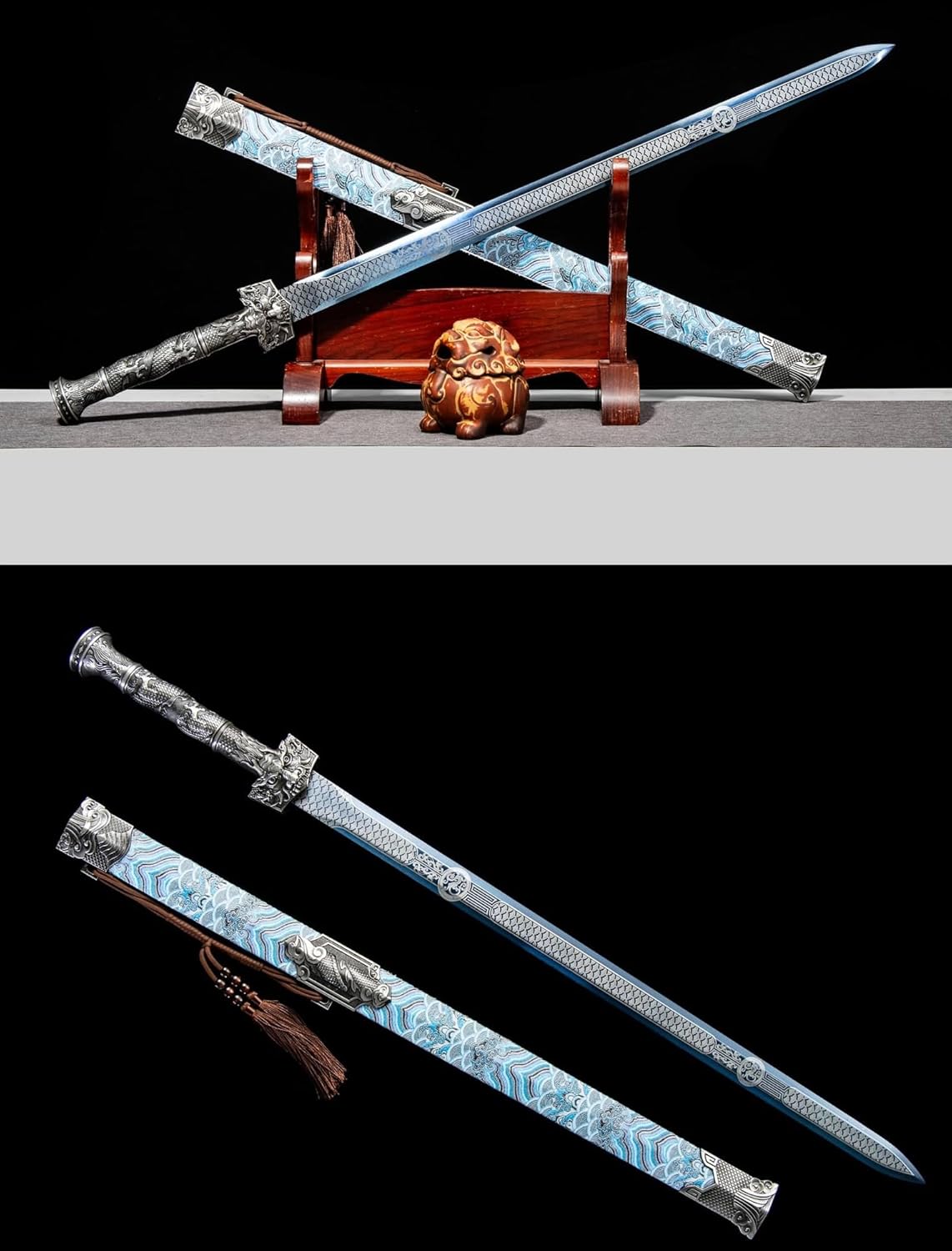 Forged Han Jian Sword–Blue-Etched High carbon Steel Blade,Wooden Scabbard with PVC Leather,