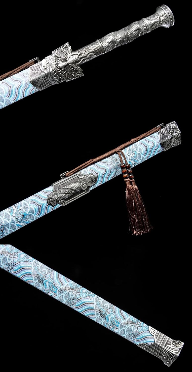 Forged Han Jian Sword–Blue-Etched High carbon Steel Blade,Wooden Scabbard with PVC Leather,