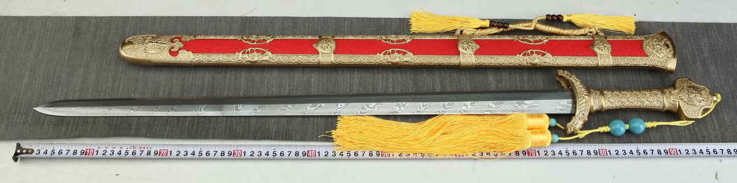 Song Jian Sword,Damascus Steel Blade,Brass Fittings,Red Stingray Leather Scabbard