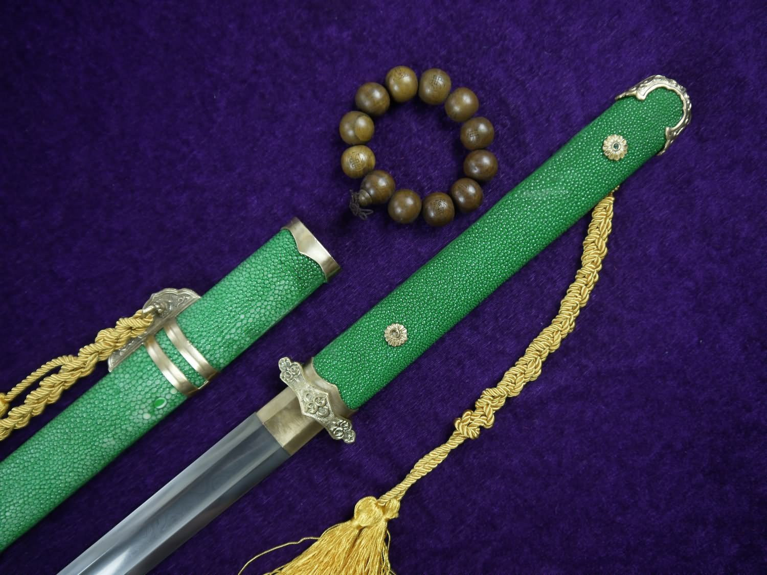 Tang sword/Damascus steel handmade blade/Brass fittings/Green skin scabbard - Chinese sword shop