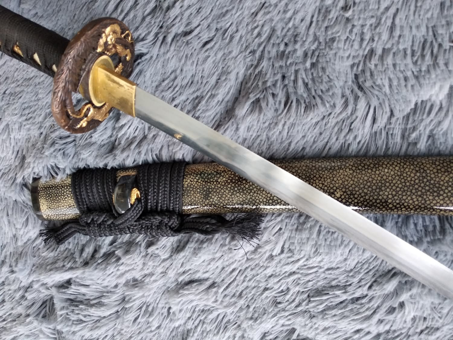 Samurai sword,Katana(Damascus steel burn blade,Skin scabbard,Brass ...